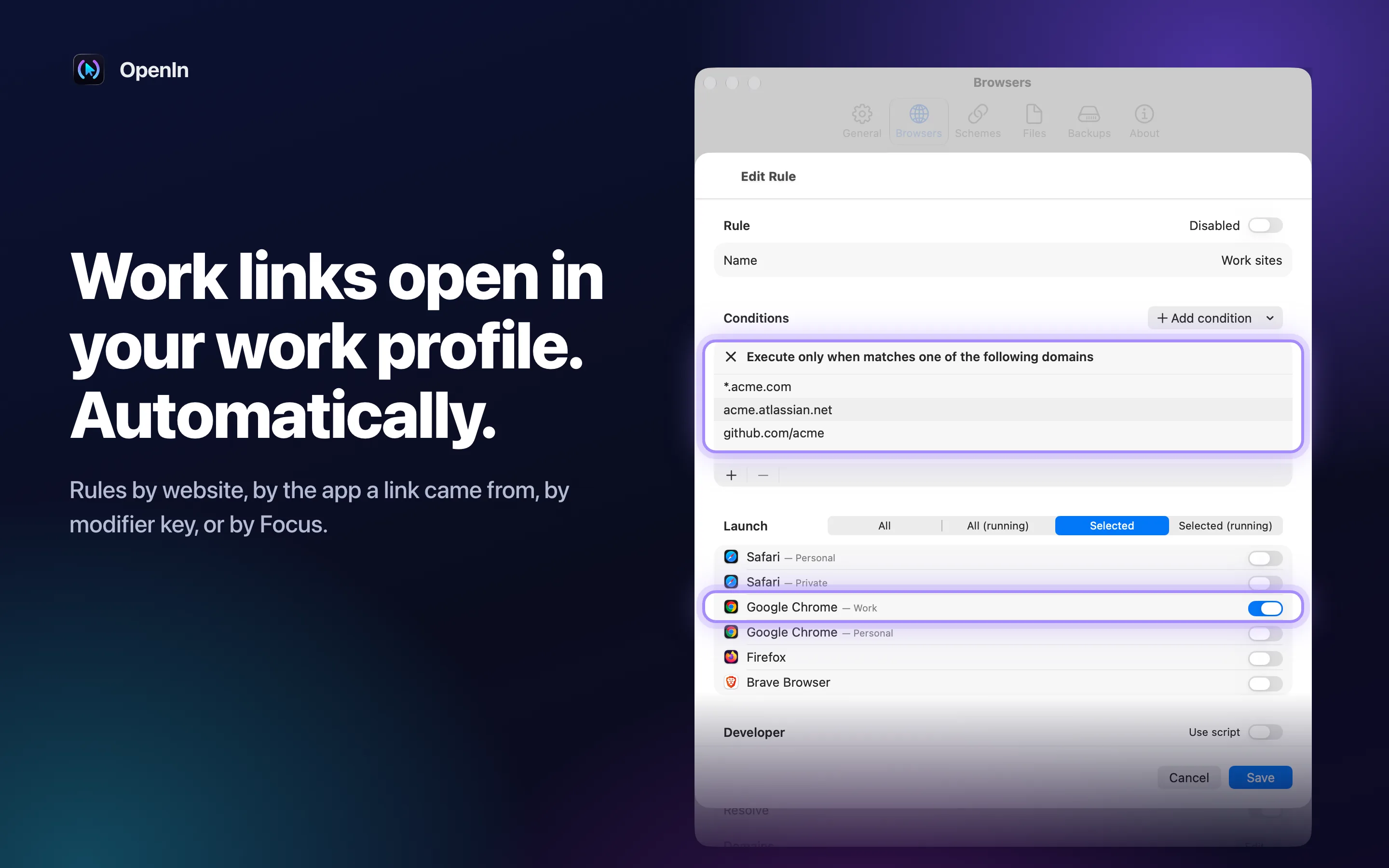 Rules open work links in your work profile