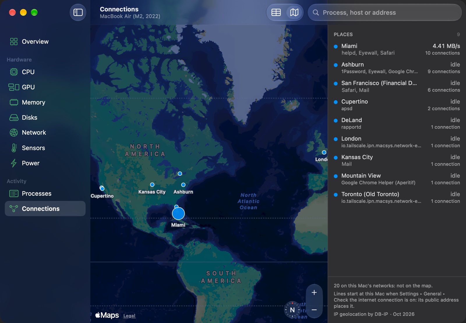 The connections on a map: each server placed by its city, with the apps that reach it