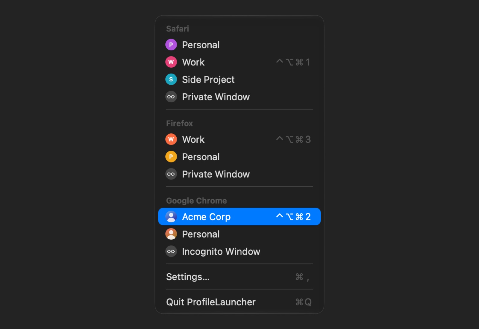 ProfileLauncher&rsquo;s menu: each browser&rsquo;s profiles under its name, with their pictures and shortcuts