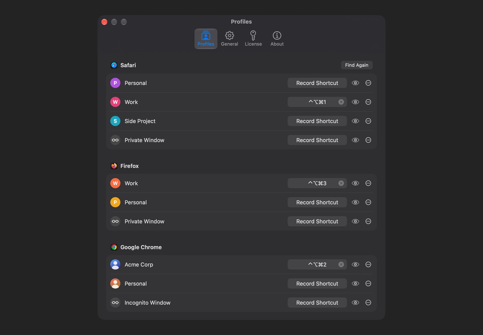 Settings → Profiles: each browser's profiles, each with its keyboard shortcut, a button that shows or hides it in the menu, and a … button for more