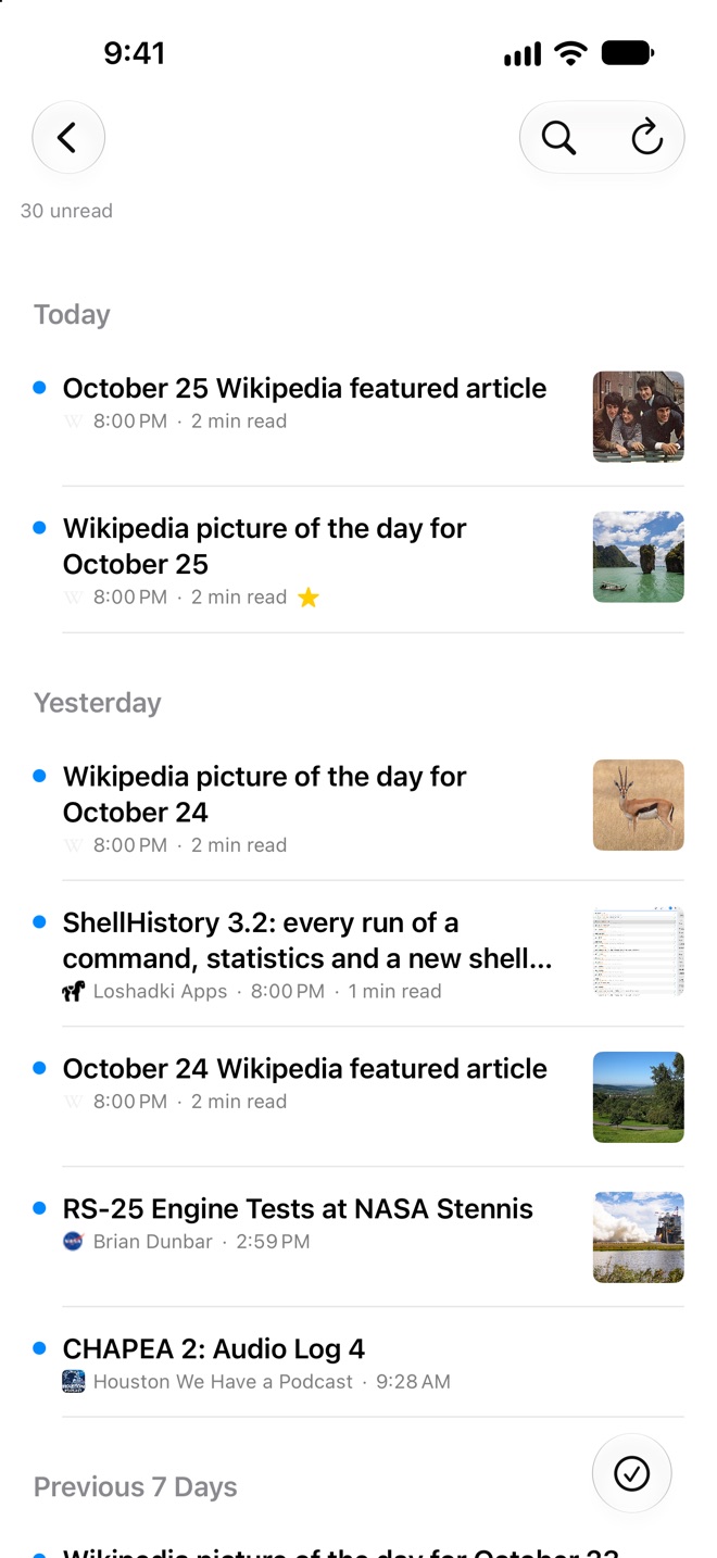 ReadAll on iPhone: unread articles with their thumbnails
