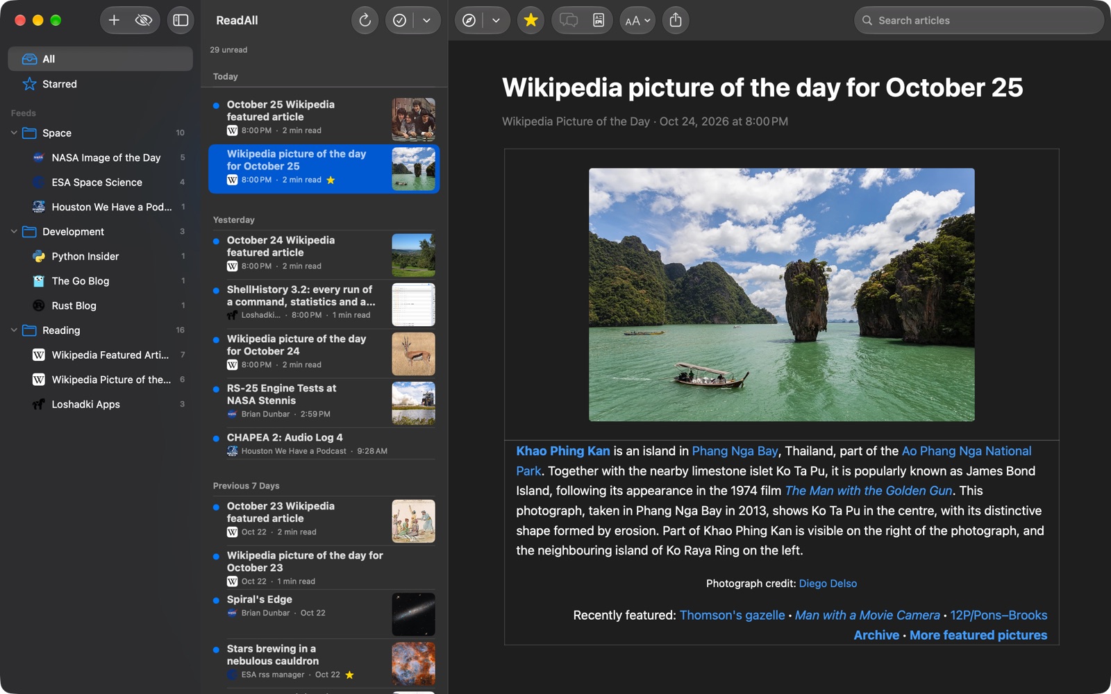 ReadAll in dark mode, with Wikipedia's picture of the day