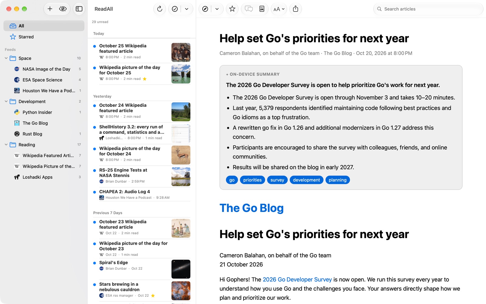 A summary of a long article, written by the Mac's on-device model, above the article