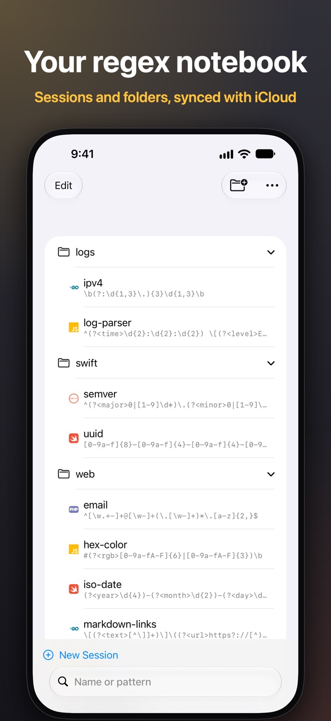 RegExp on iPhone: sessions in folders