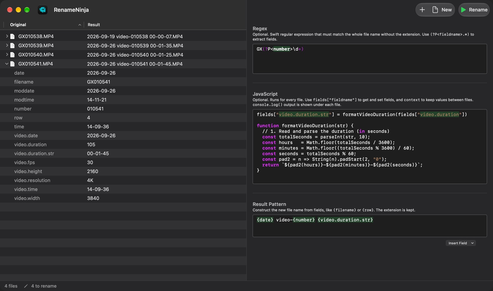 RenameNinja renaming four GoPro videos: a regex takes the number from each name, JavaScript formats the video's duration, and the result pattern builds names like 2026-09-26 video-010541 00-01-45.MP4. One file is expanded to show its fields.