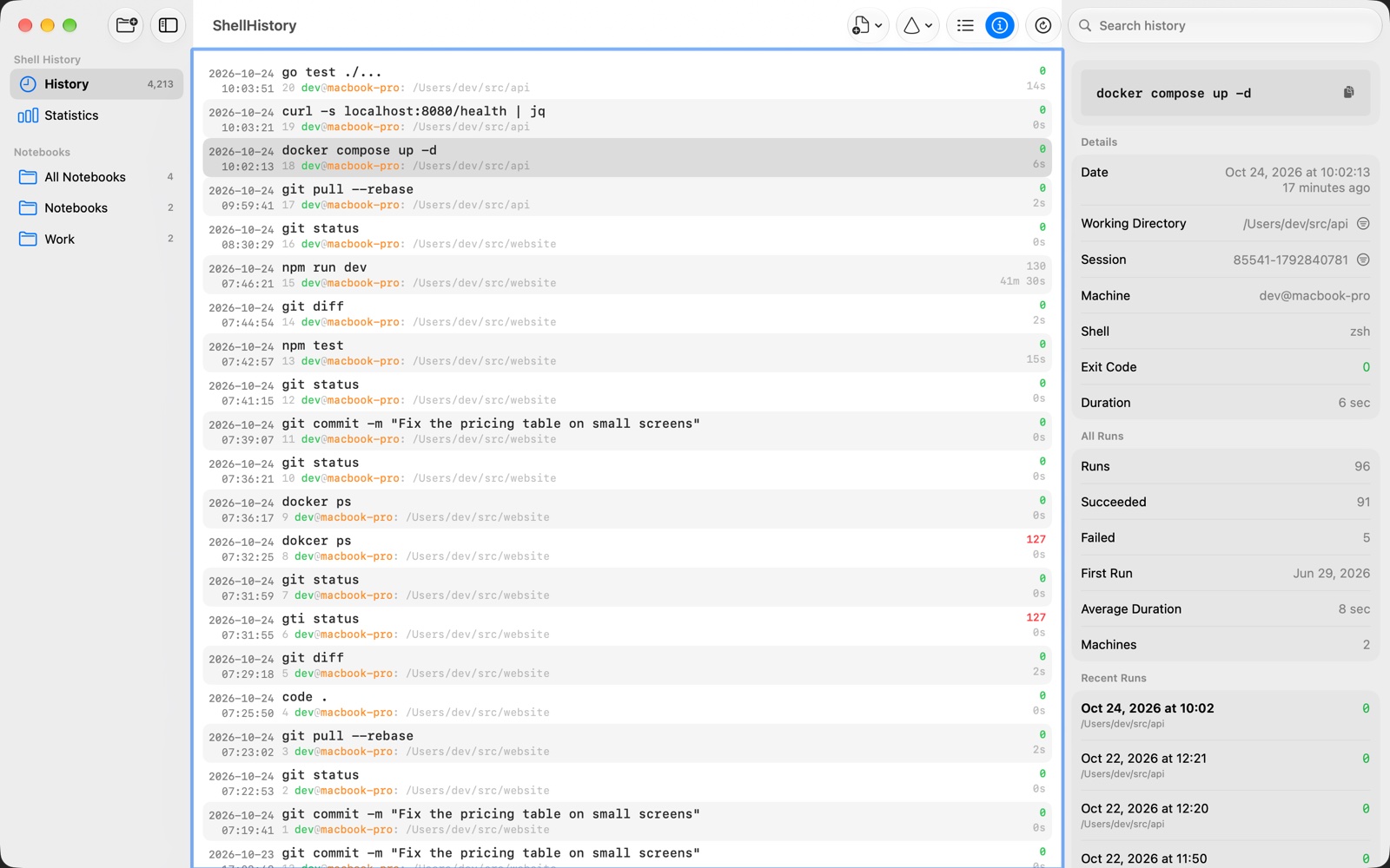 ShellHistory on the Mac: the history, with a command’s details and its runs beside it