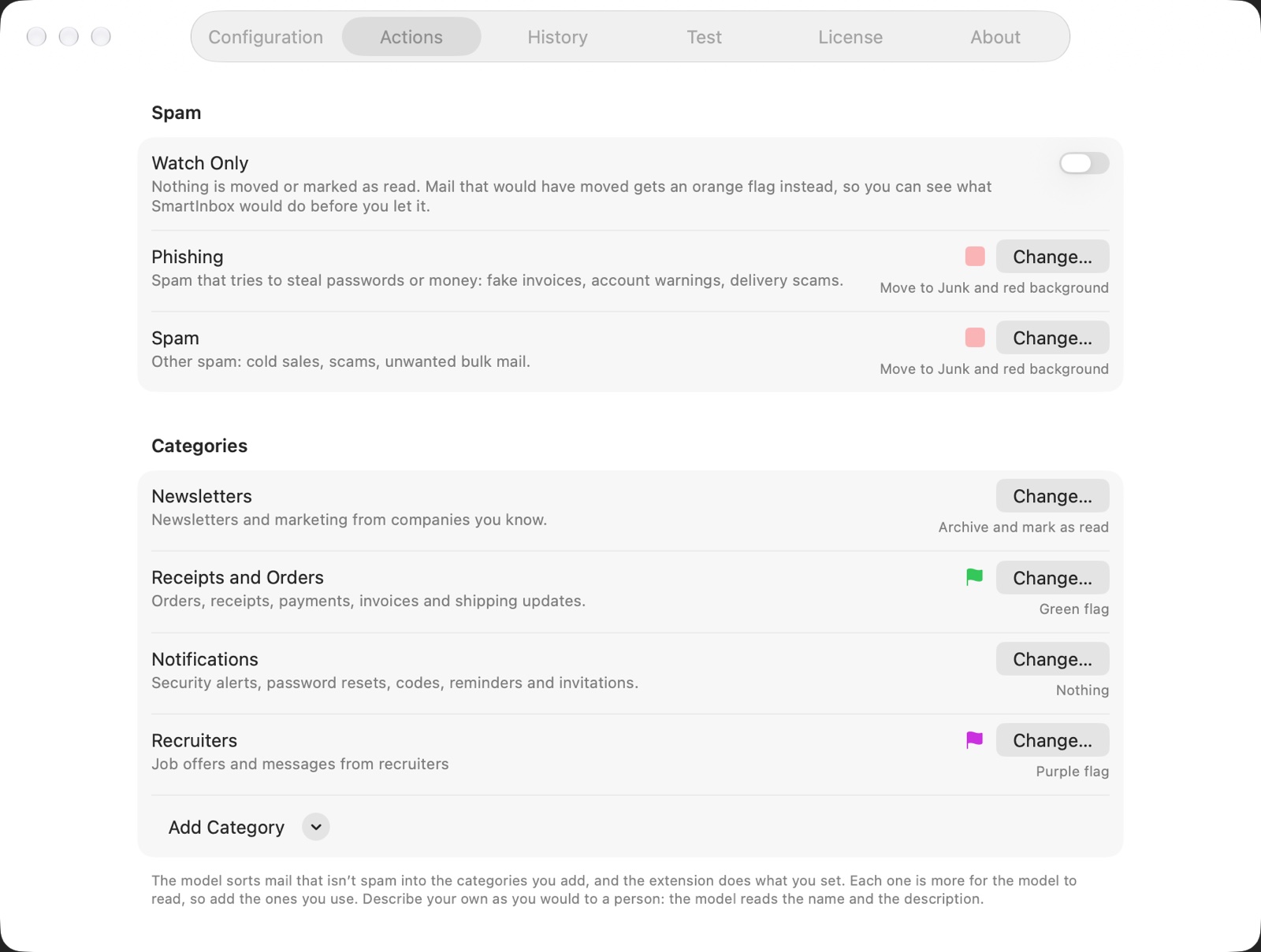The Actions tab: spam and phishing to Junk, and categories with their actions