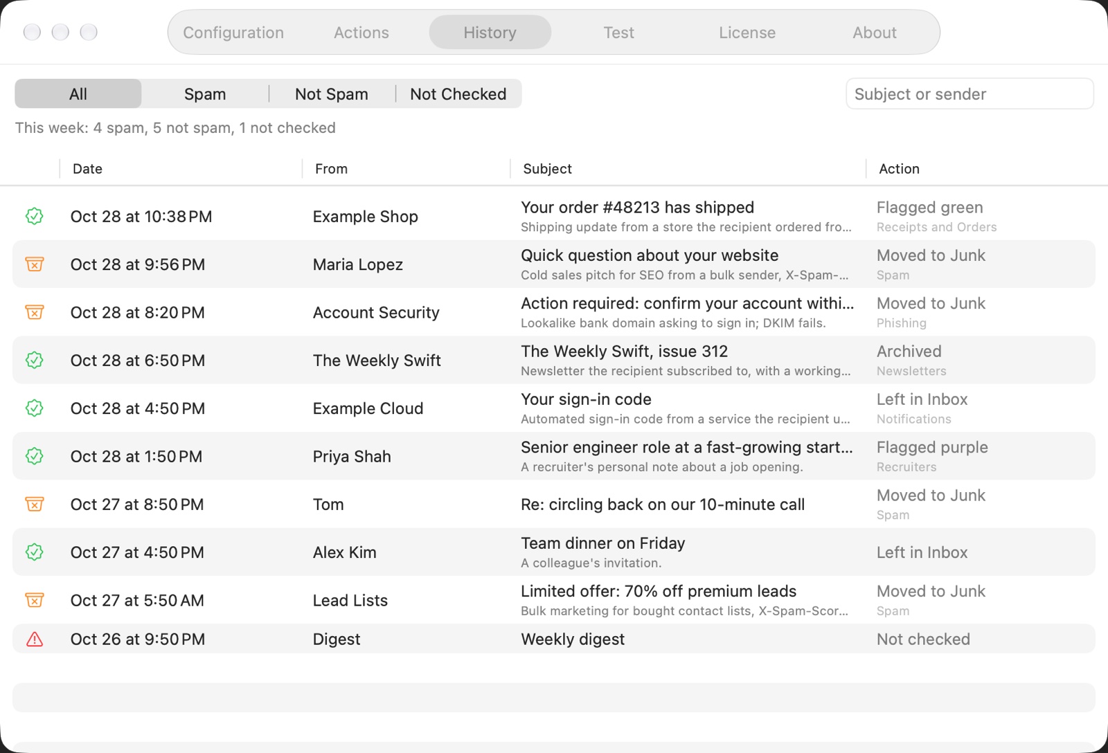 SmartInbox’s History: a week of emails, each with the model’s reason, what was done and its category